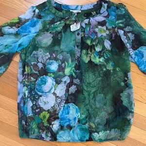 NWT Dressbarn Floral Blouse 1X Sheer Green Blue Button Front Top Plus Size